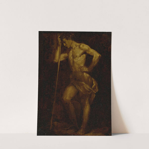 Nude academic sketch of a man holding a staff, en brunaille by Donato Creti