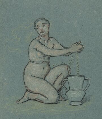 Nude girl winnowing wheat into urn