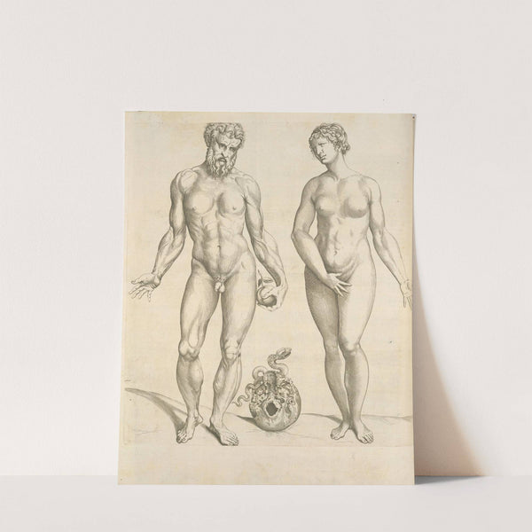 Nude male with an apple in his left hand, and a modest female by Thomas Geminus