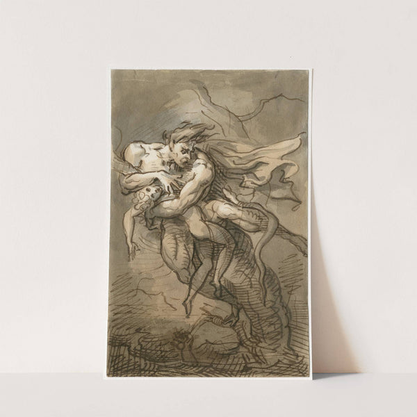 Nude man and boy holding on to a tree while being attacked by a snake by David Humbert de Superville