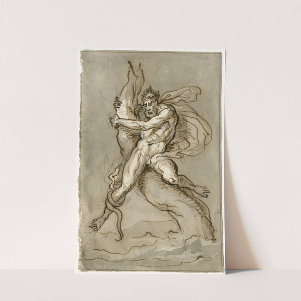 Nude man holding on to a tree while being attacked by a snake by David Humbert de Superville