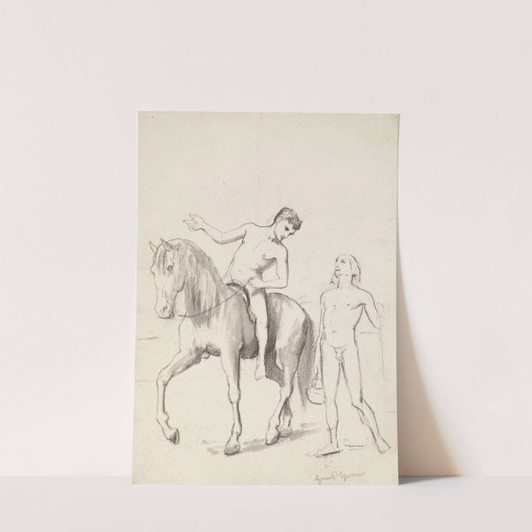 Nude Man Riding a Horse, Leaning Over an Accompanying Him Nude Young Man with a Basket (1900 - 1910) by Hans Thoma