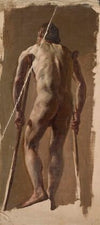 Nude of an old man leaning on crutches, back view