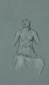 Nude woman, seated, with sheet draped over her legs
