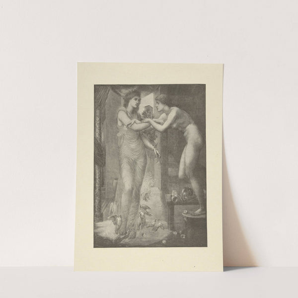 Nude woman stands on stool, arms locked with woman beside her clothed in sheer dress, doves at her feet by Francis Scott King