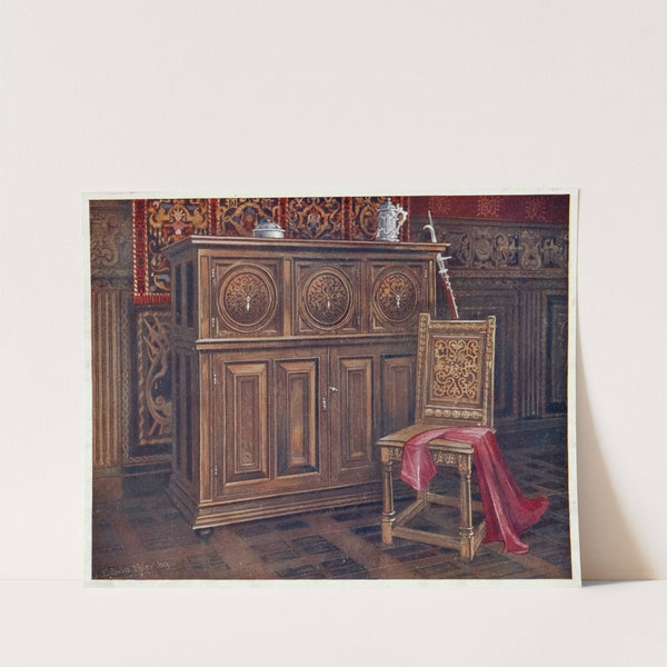 Oak cabinet, with circular convex panels, Walnut chair (chaise sans bras), with interlaced floral ornament on the back by Edwin Foley