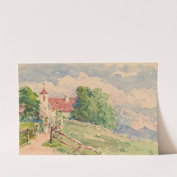 Oberbozen, een smalle weg leidt naar een kerkje op een berghelling by Carel Nicolaas Storm van 's-Gravesande