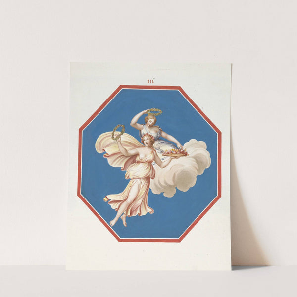 Octagonal painting of two women riding a cloud and holding wreaths and flowers. (1783) by Pierre-Jean Mariette