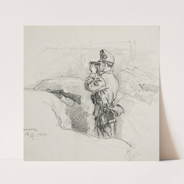 Oficer Legionu Ukraińskich Strzelców Siczowych (1914-1920) w okopie obserwujący przez lornetkę przedpole (1916) by Ivan Ivanec