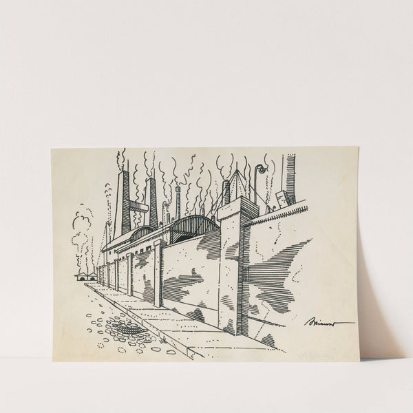 Ohne Titel (Fabrik mit rauchenden Schloten hinter Mauer) by Karl Wiener