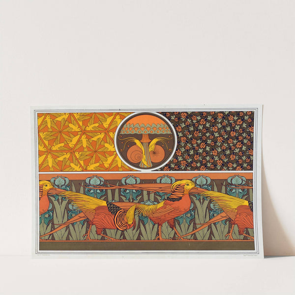 Oiseaux, jeu de fond. Escargots et champignon. Coccinelles et capillaires, étoffe. Faisan dorés et iris, bordure. by Maurice Pillard Verneuil