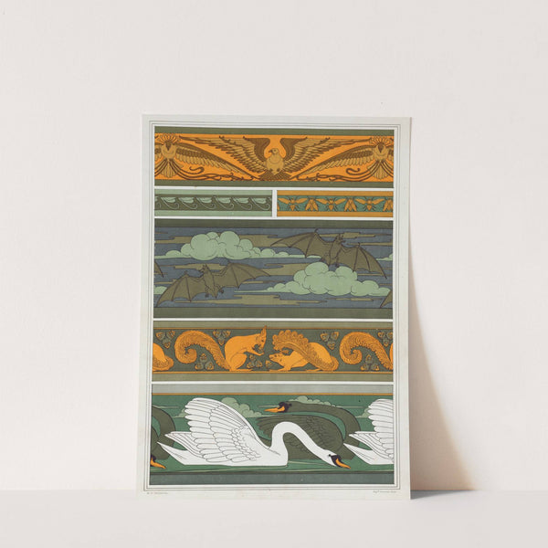 Oiseaux. Libellules. Mouches. Chauve-souris. Écureuils et noisettes. Cygnes, bordures. by Maurice Pillard Verneuil