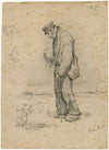 Old bent man with walking stick and bundle under his arm