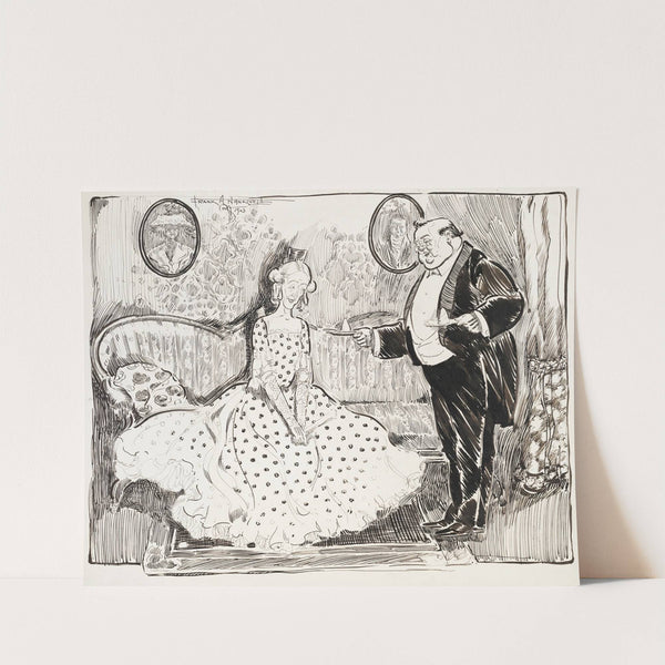 Old couple, man fat, wife lean, he is bringing dessert in, she graciously refuses. (1903) by Frank Arthur Nankivell