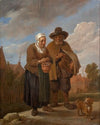 Old lady holding a brazier and hurdy-gurdy player