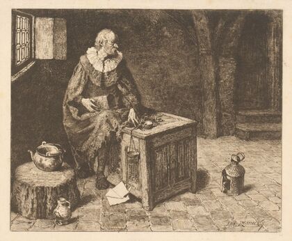 Old man seated on a chest with scales and box