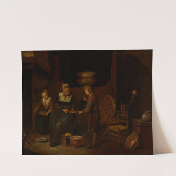 Old woman baking pancakes, with two children by Quirijn Van Brekelenkam