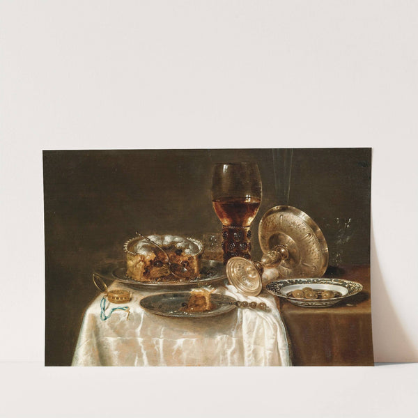 Olives in a blue and white porcelain bowl, a roemer, wine glasses, an overturned silver tazza and a meat-pie by Willem Claesz Heda