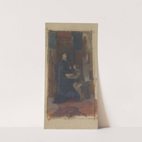 Ölskizze einer in einem Innenraum sitzenden Frau in langem Gewand, vor ihr ein sitzender Page mit aufgeschlagenem Buch by Susanne Renate Granitsch