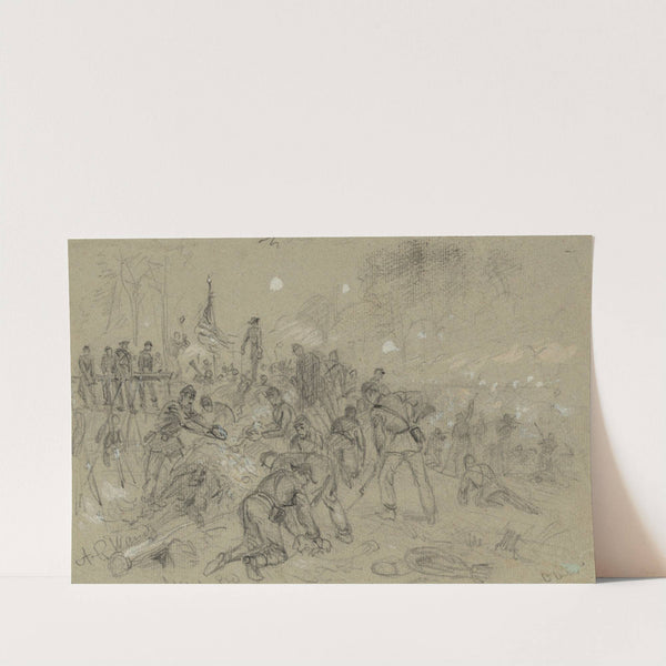 On Hancocks front- the soldiers having no picks and shovels used bayonets, tin pans, old canteens, and even their hands in throwing up breastworks by Alfred Rudolph Waud