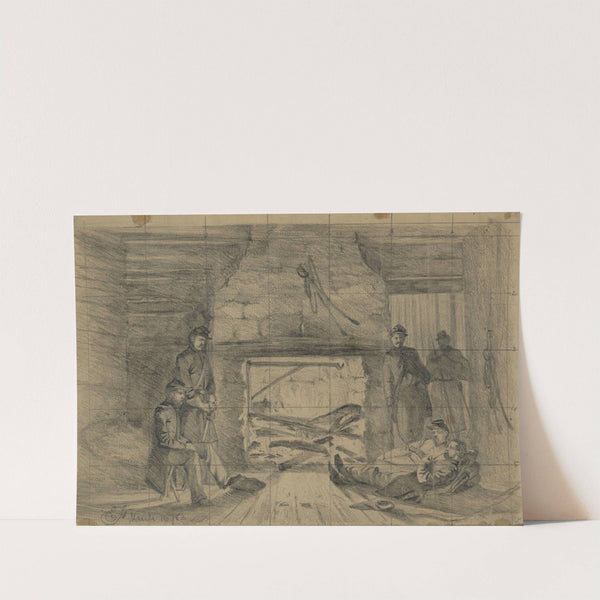 On picket-Officers' quarters in log house by Edwin Forbes