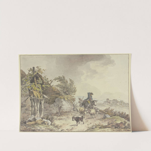 On the path next to a dilapidated hut with a thatched roof, a shepherd on horseback and a farmer's wife with sheep and goats by John Webber