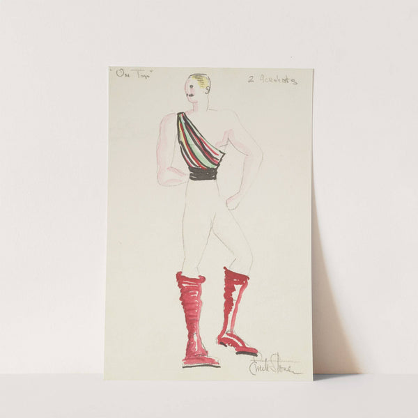 On Top: 2 Acrobats. White trousers, red boots, and multicolored top (1934-1943) by Emile Stoner