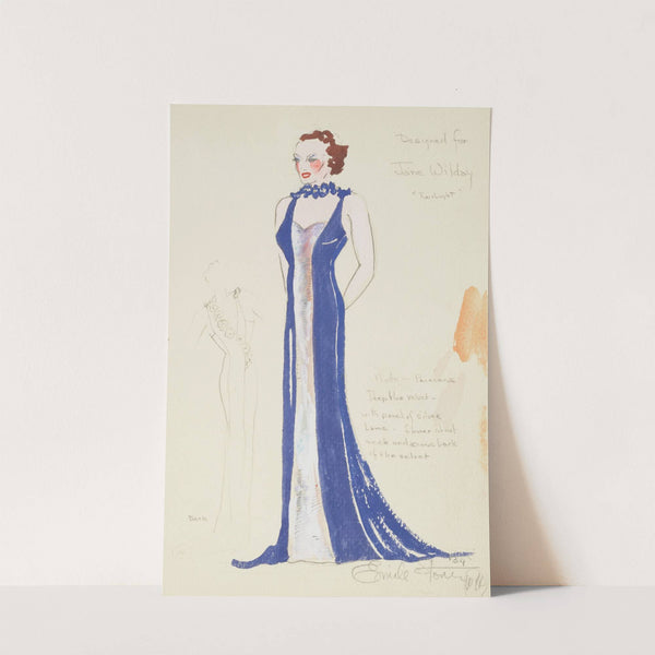 On Top: Designed for Jane Wilday ‘Twilight’, Blue evening gown with silver panel and flowered neck (1934-1943) by Emile Stoner