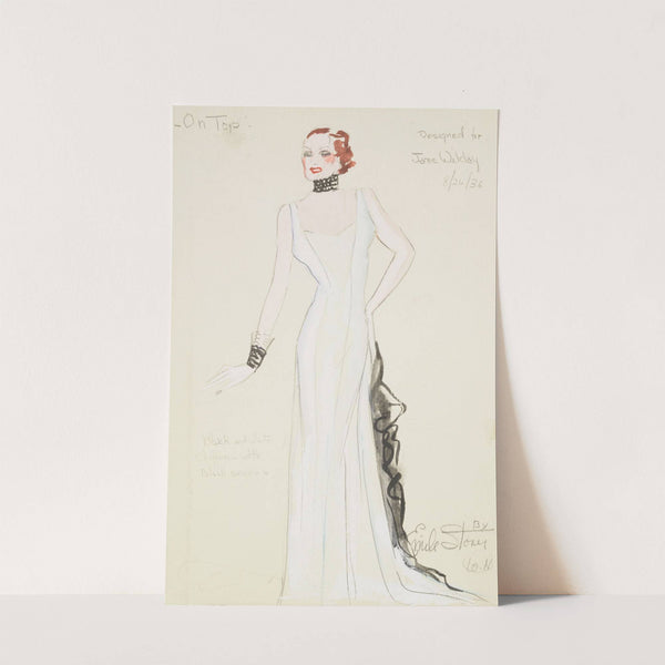 On Top: Designed for Jane Wilday. White gown with black ruffle and black collar and cuff (1934-1943) by Emile Stoner