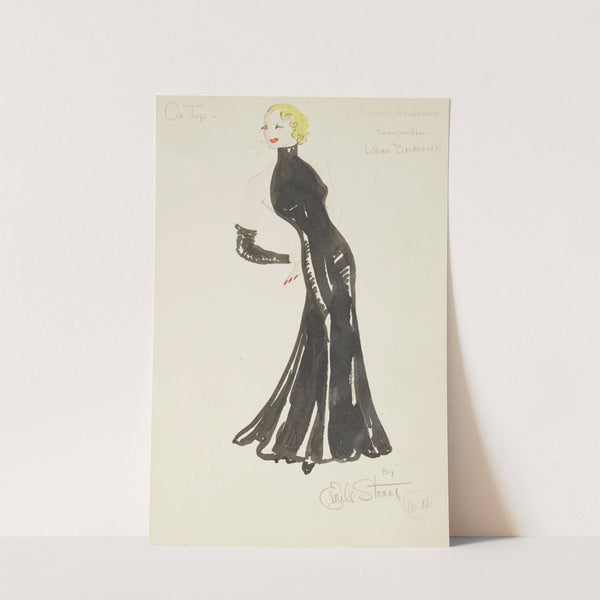 On Top: Designed for Lillian Broderick. Black evening gown with high neck and no shoulders (1934-1943) by Emile Stoner
