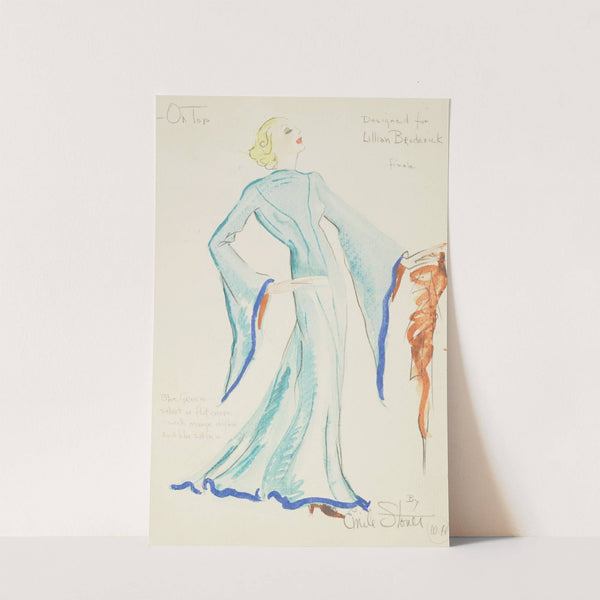 On Top: Designed for Lillian Broderick. Blue gown with trailing sleeves and orange scarf (1934-1943) by Emile Stoner