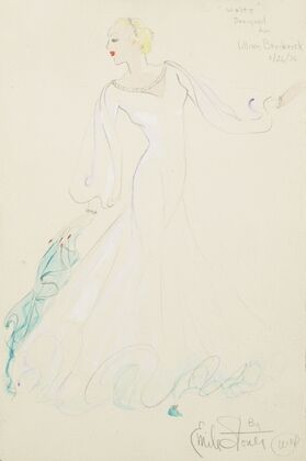 On Top: Designed for Lillian Broderick. White gown with bishop sleeves, and blue scarf (1934-1943)