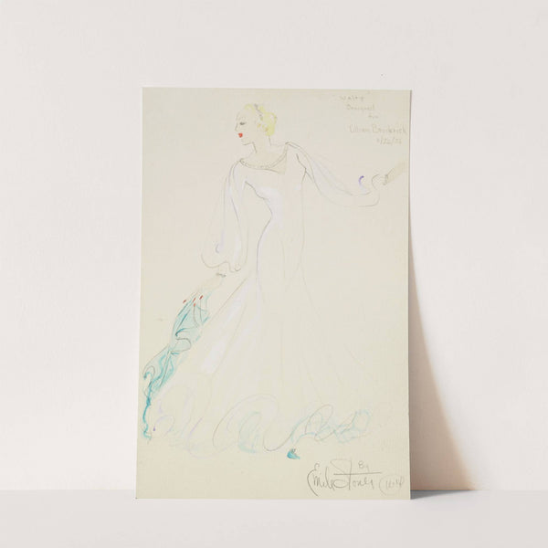 On Top: Designed for Lillian Broderick. White gown with bishop sleeves, and blue scarf (1934-1943) by Emile Stoner
