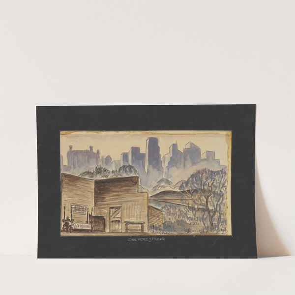 One More Spring: Sketch no. 1 (Rustic Cabin Interior with Field and Skyscrapers in Background) (1934-1943) by William Perkins
