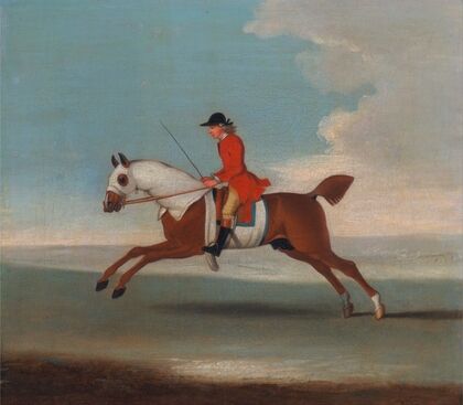One of Four Portraits of Horses, a Chestnut Racehorse Exercised by a Trainer in a Red Coat- gallopi…
