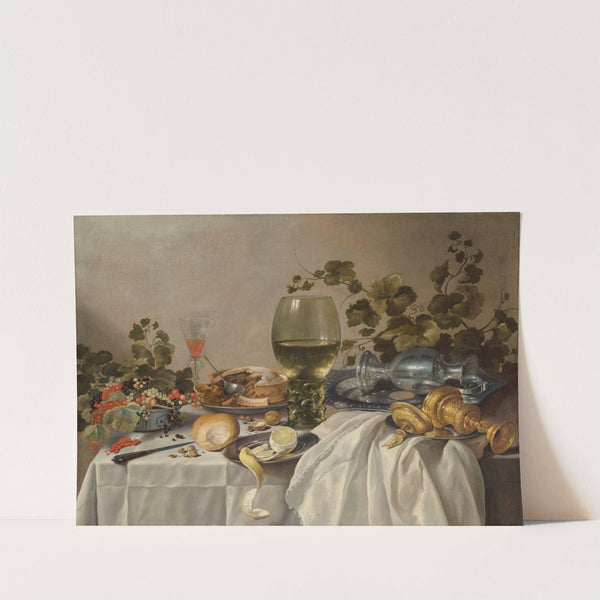 Ontbijt of silver and glassware on a draped table, with vines, fruits and baked goods by Pieter Claesz