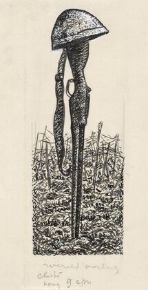 Ontwerp boekillustratie voor Alexander Cohen’s Van Anarchist tot Monarchist; helm op geweer