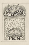 Ontwerp ex libris voor MCS, met voorstelling van een open boek en een duif