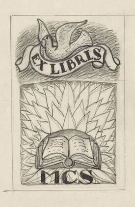 Ontwerp ex libris voor MCS, met voorstelling van een open boek en een duif