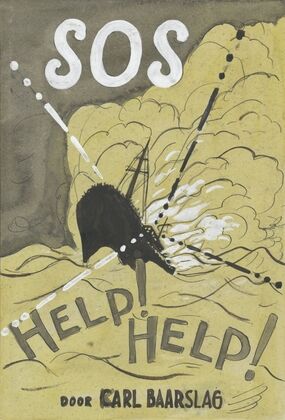 Ontwerp voor boekomslag voor Karl Baarslag’s ‘S.O.S’, met voorstelling van een schip in een storm