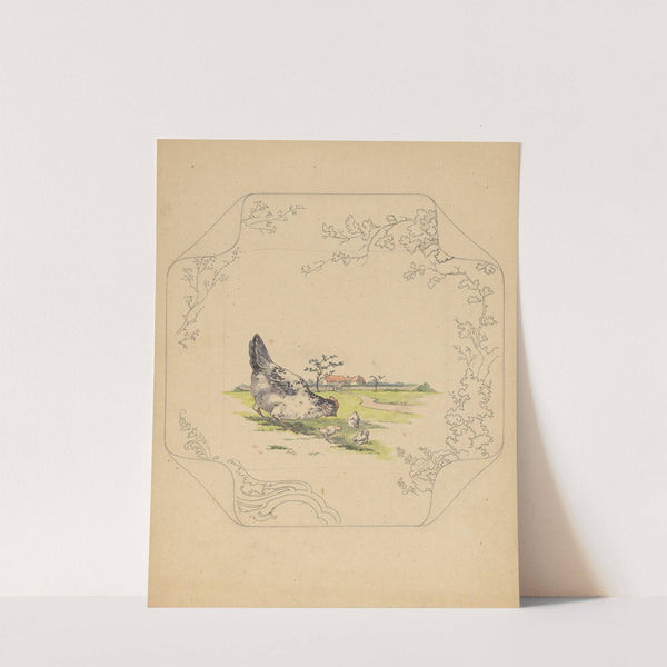 Ontwerp voor bord van het model ‘Square’ met een hen en drie kuikens by Albert Louis Dammouse
