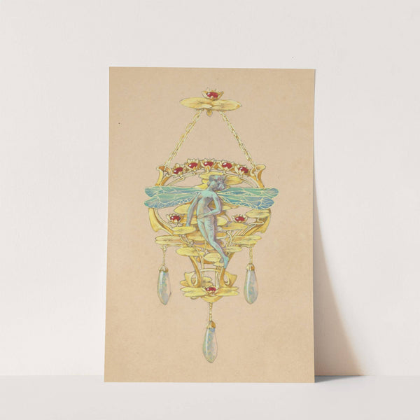 Ontwerp voor een hanger met een vrouw met libellenvleugels, van goud, robijnen, opalen en email by Paul Louchet