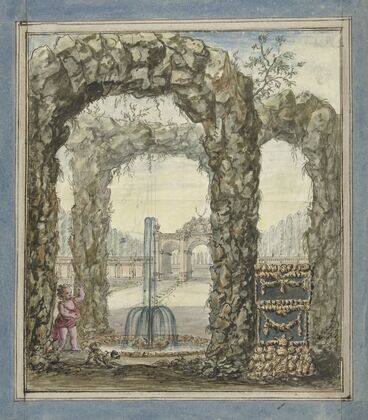 Ontwerp voor een kamerbeschildering met stenen bogen met een fontein en zicht op een tuin (1677 - 1755)