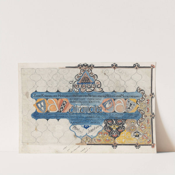 Ontwerp voor een oorkonde van Arti en Amicitiae voor Prins Hendrik, bij zijn erelidmaatschap in 1902 (1874) by Carel Adolph Lion Cachet