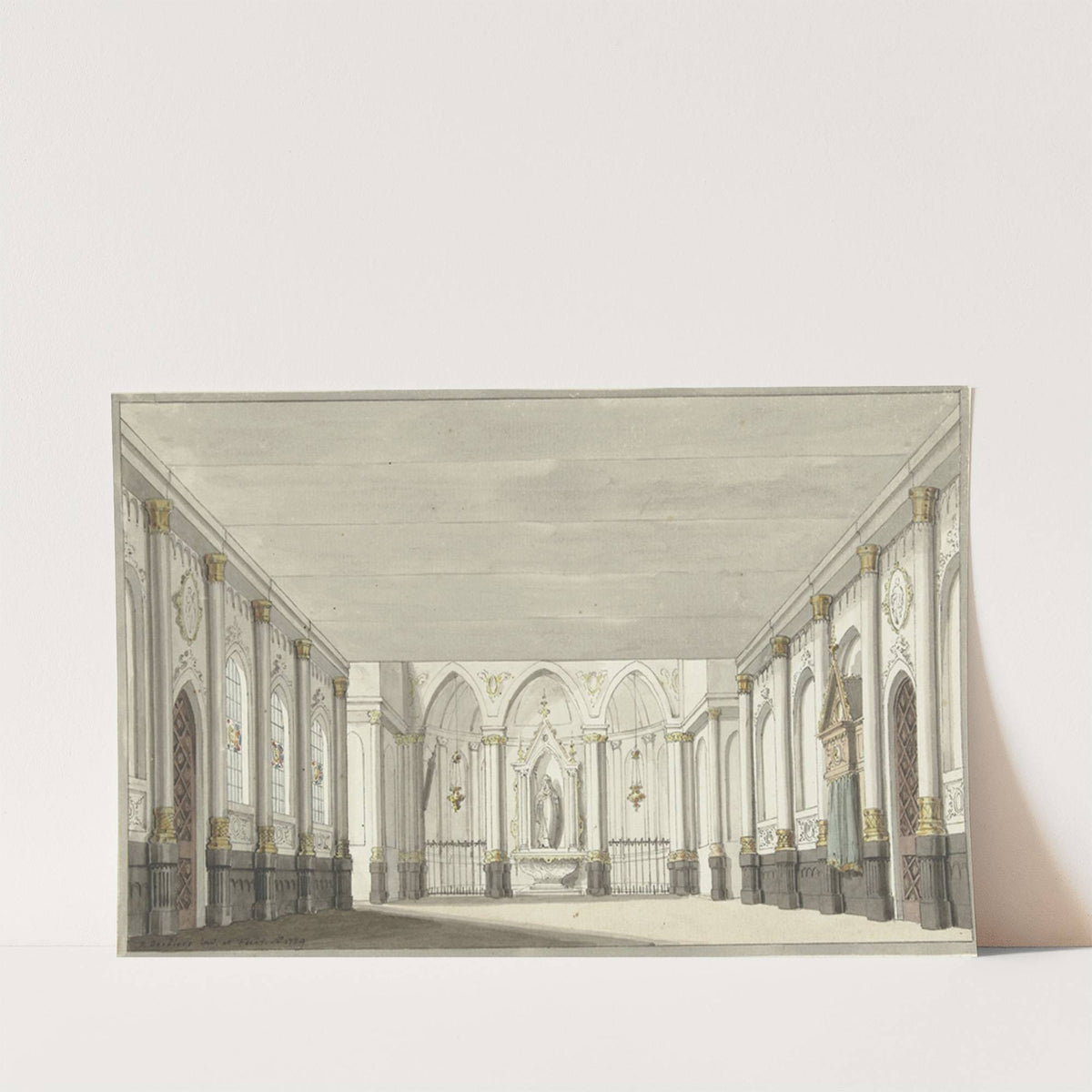Ontwerp voor een toneeldecor van een kerkinterieur by Pieter Barbiers