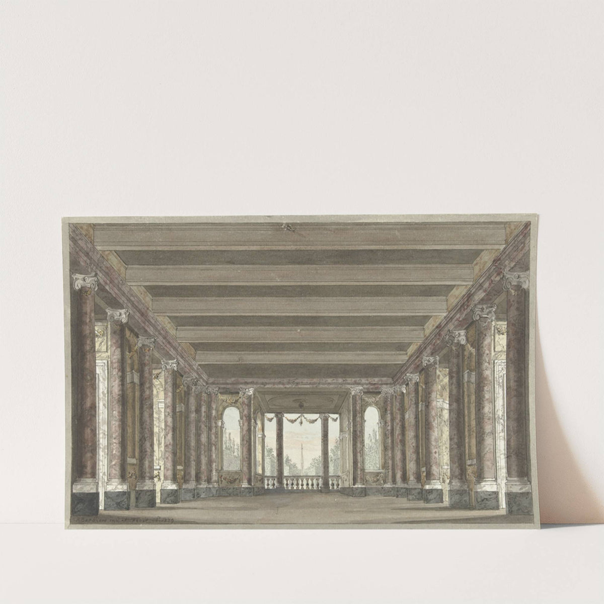 Ontwerp voor een toneeldecor van een zuilengalerij met loggia by Pieter Barbiers