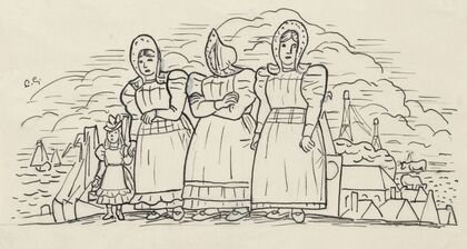 Ontwerp voor een vignet voor het maandblad voor Beeldende Kunsten; Drie vissersvrouwen en een meisje