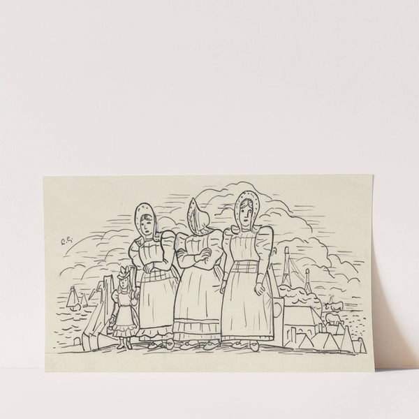 Ontwerp voor een vignet voor het maandblad voor Beeldende Kunsten; Drie vissersvrouwen en een meisje by Leo Gestel