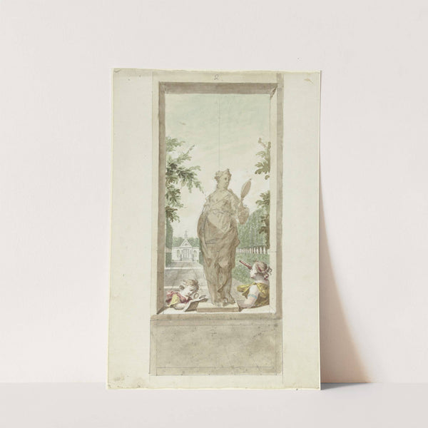 Ontwerp voor een zaalstuk; standbeeld van zintuig Gezicht, daarnaast een jongen met vergrootglas en vrouw met kijker by Dionys van Nijmegen