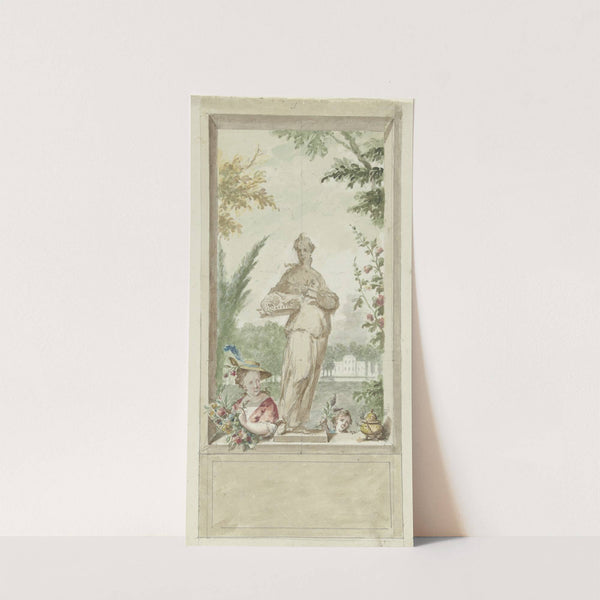 Ontwerp voor een zaalstuk; standbeeld van zintuig Reuk, daarnaast een vrouw en kind met bloemen by Dionys van Nijmegen